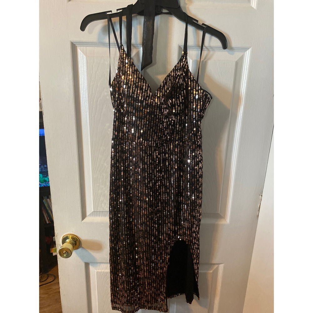 City Vibe Womens Black Rose Gold Sequin Midi Dress Side Slit‎ Cocktail Size 9